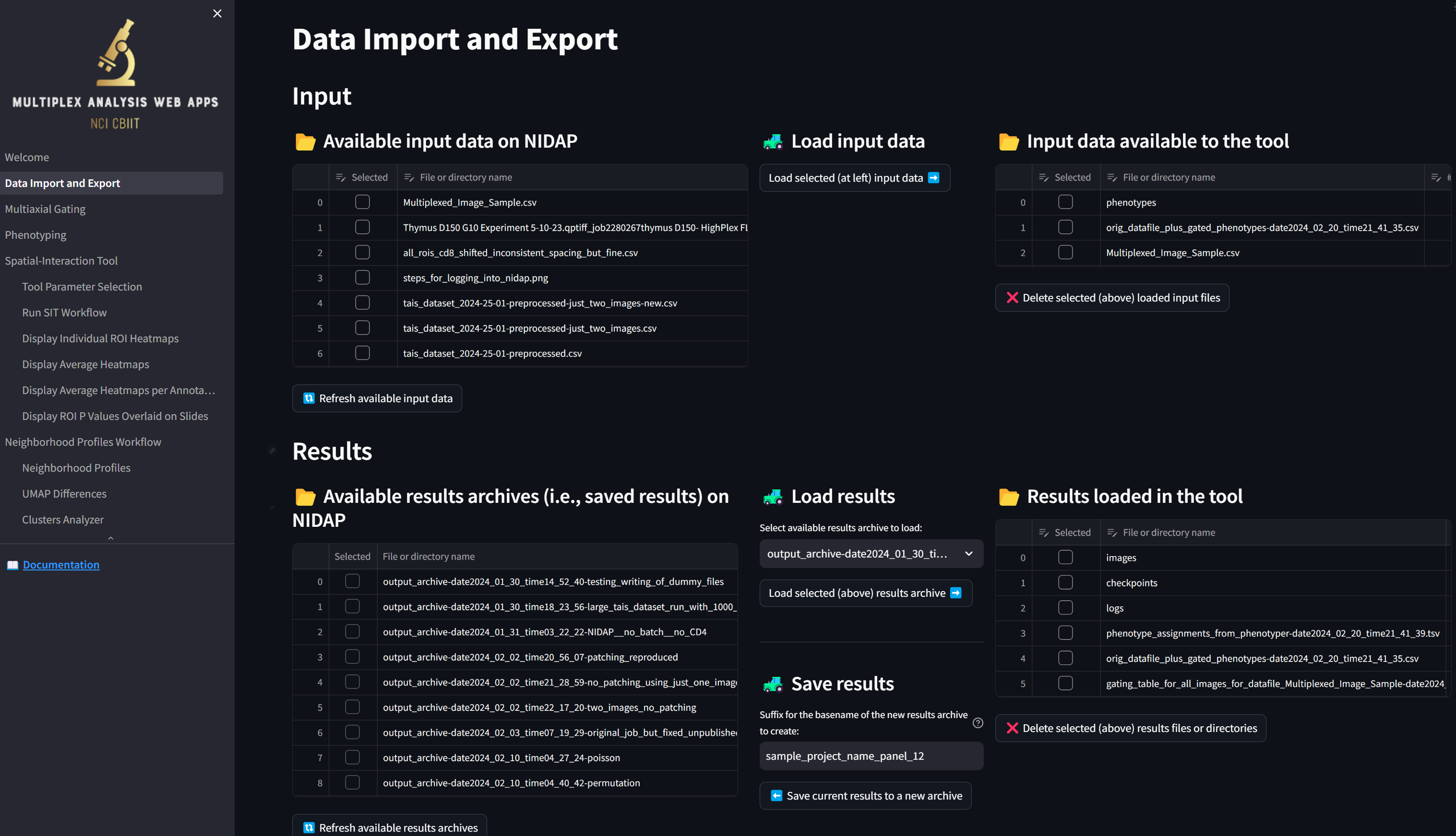 Data Import and Export page after analysis